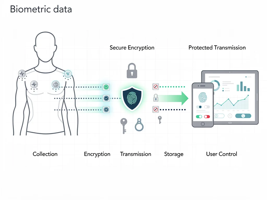 Infographic showing biometric data flow from smart apparel to a device with privacy controls.