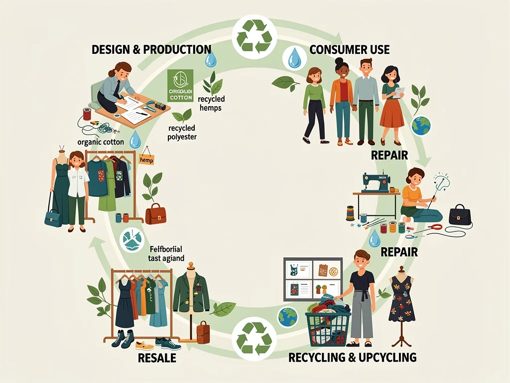 Diagram illustrating the circular fashion lifecycle from production to recycling