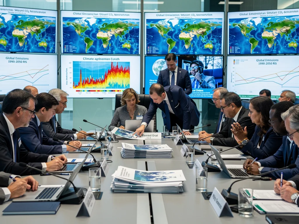 Diplomats and scientists discussing climate data and policy at an international conference.
