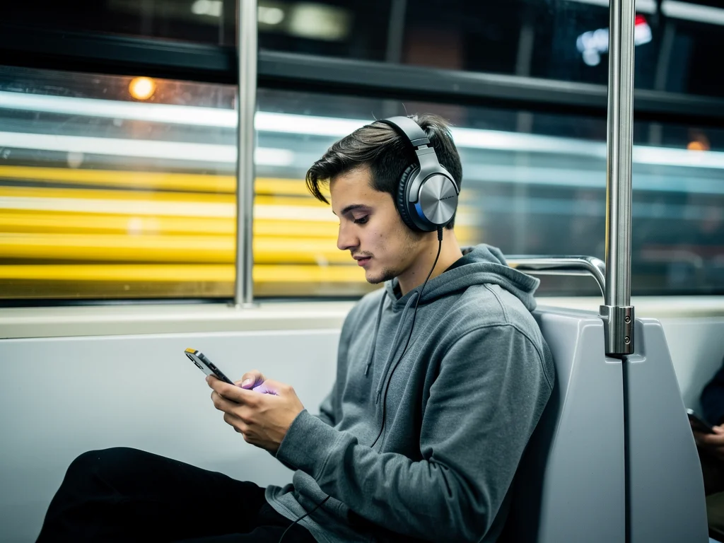 Commuter wearing comfortable noise-cancelling headphones on a subway.