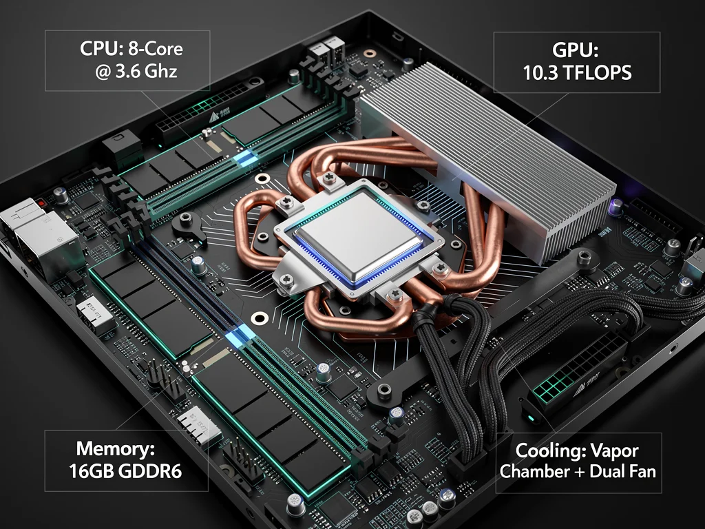Close-up of internal gaming console components, highlighting CPU and GPU.