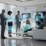 Consumer Trust in 2027: AI, Data Privacy & US Brands Consumers engaging with AI and data privacy in a futuristic setting, building trust with US brands.
