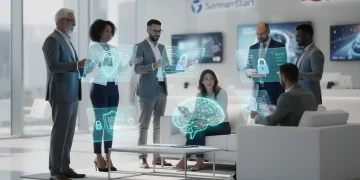 Consumers engaging with AI and data privacy in a futuristic setting, building trust with US brands.