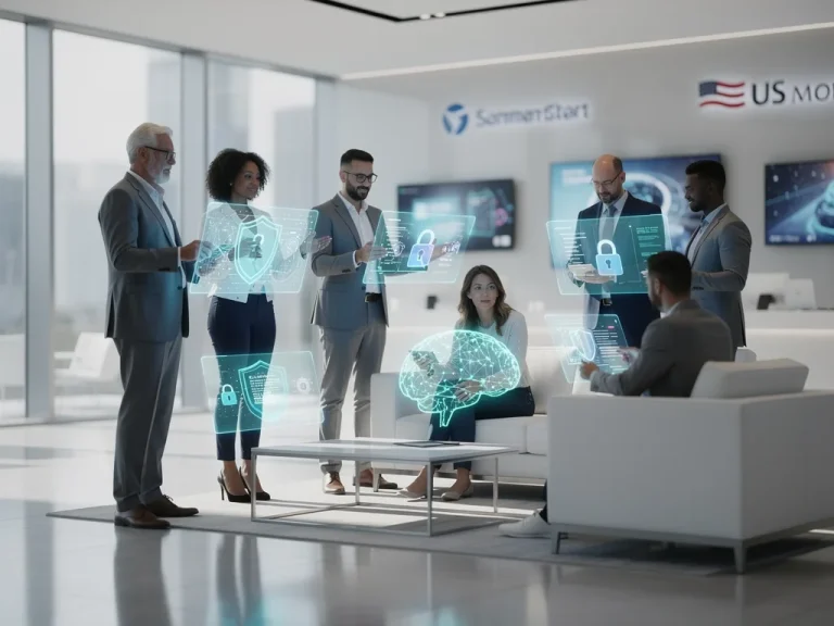 Consumers engaging with AI and data privacy in a futuristic setting, building trust with US brands.