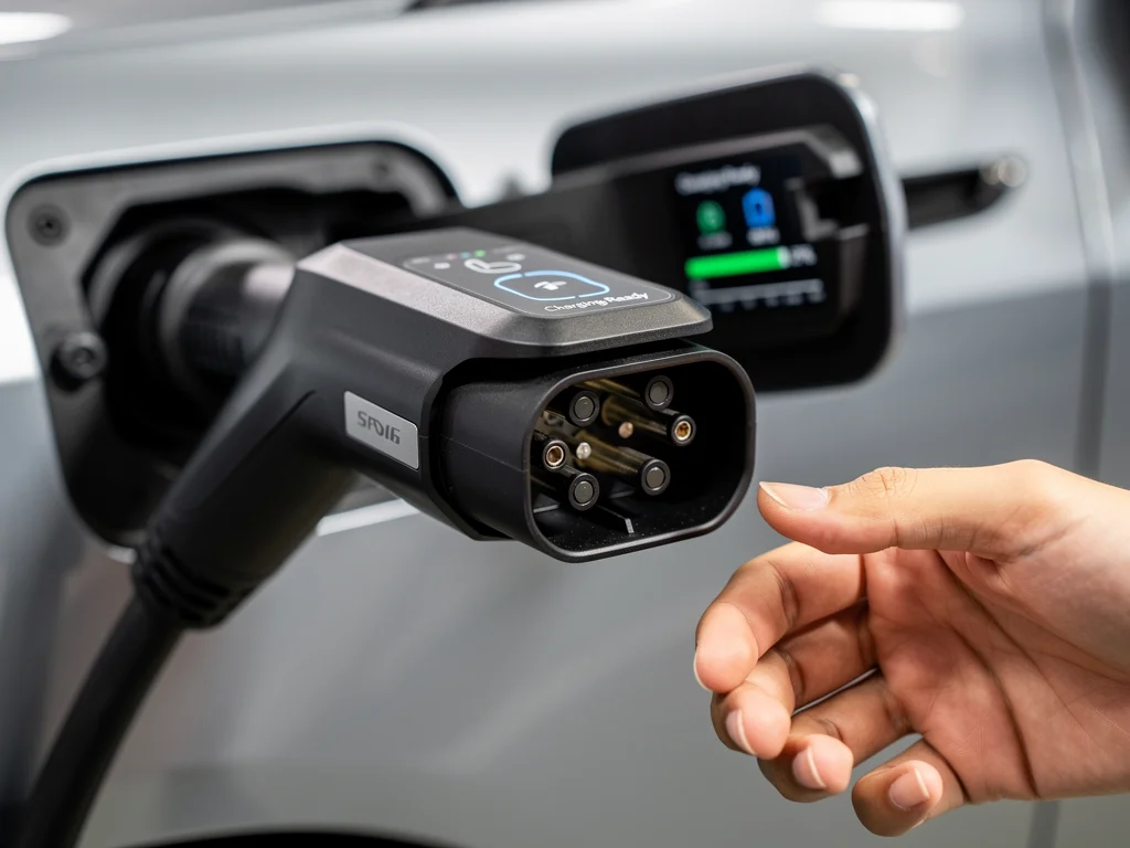 Close-up of high-speed DC fast charger connector