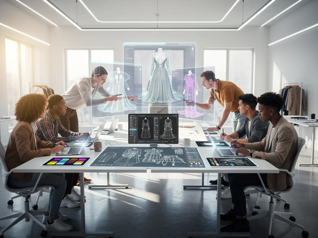 Digital fashion designers collaborating with holographic displays