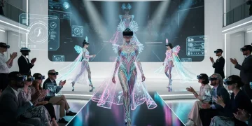 Futuristic digital fashion show with avatars and VR audience