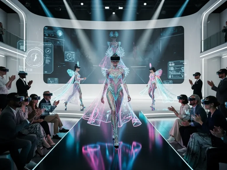 Futuristic digital fashion show with avatars and VR audience