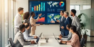 Diverse professionals collaborating in a modern office, symbolizing global talent