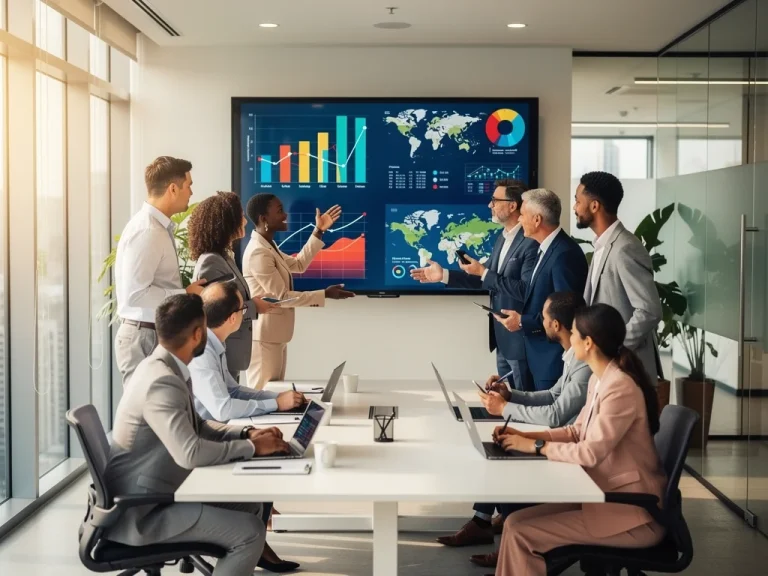 Diverse professionals collaborating in a modern office, symbolizing global talent