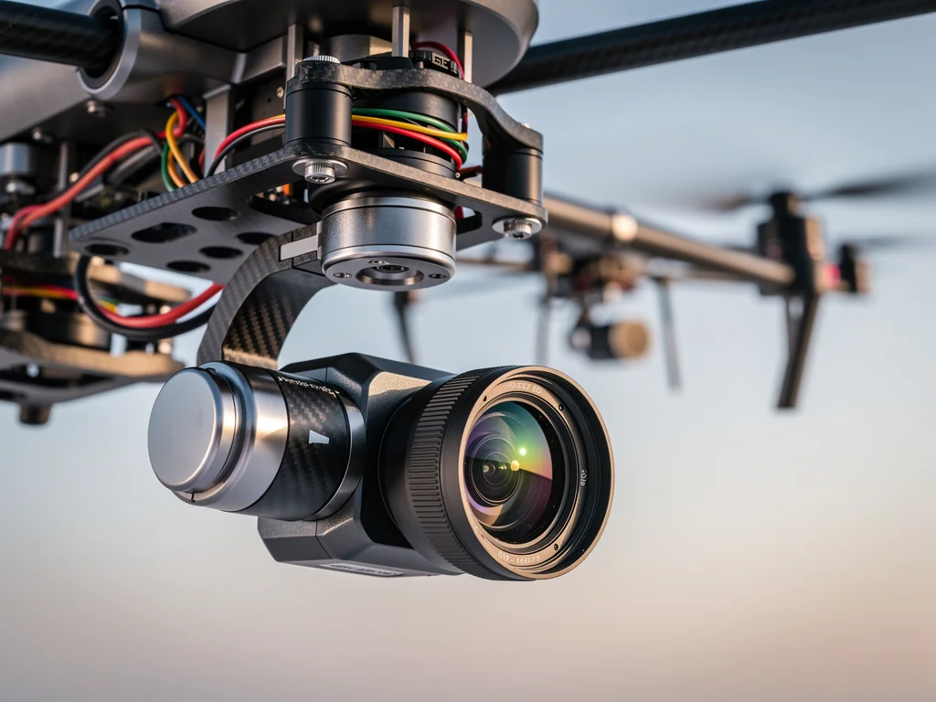 Close-up of a drone's advanced camera and gimbal for stable footage