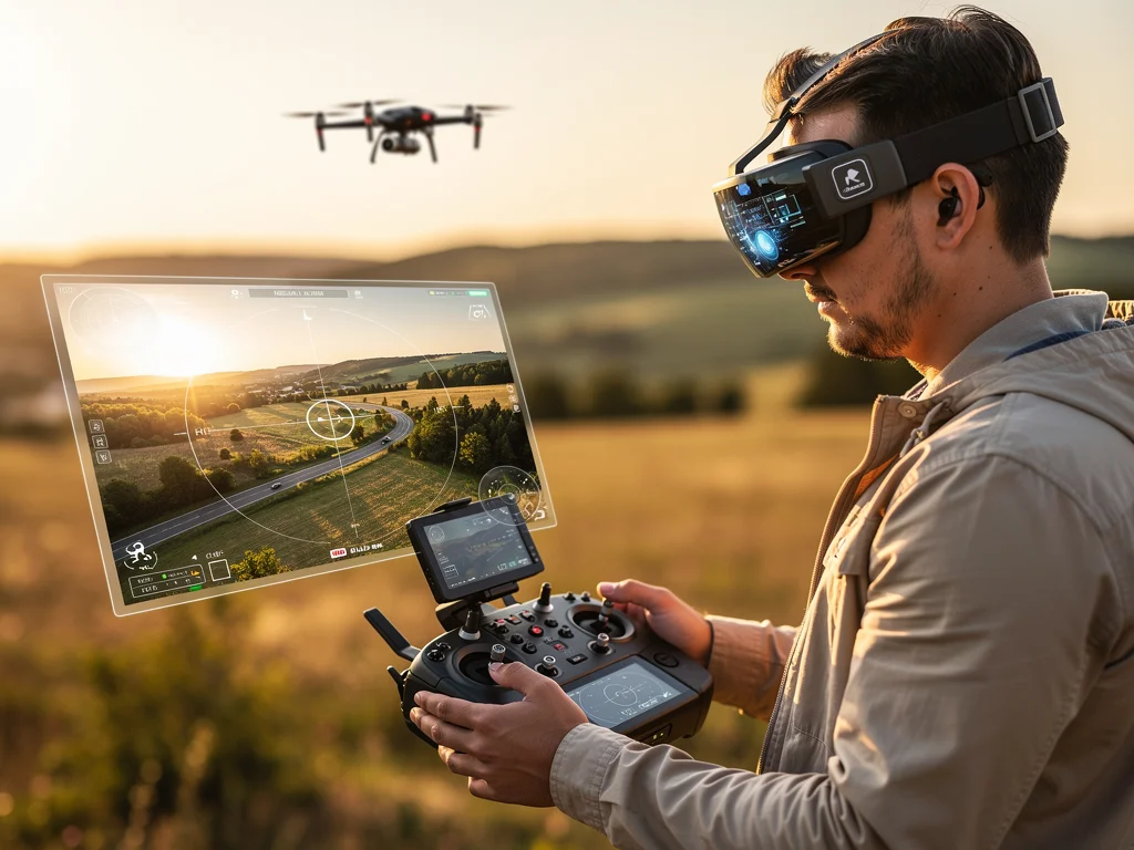 Drone operator using AR goggles and advanced remote for immersive flight control