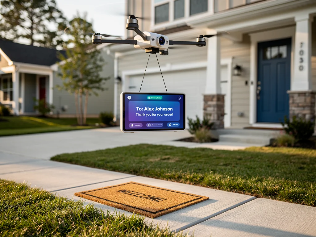 Drone delivering a custom, personalized package to a US home.