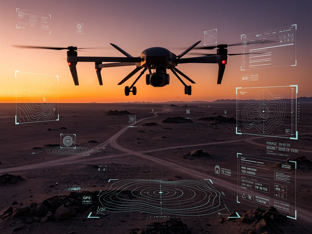 Advanced surveillance drone over desert, symbolizing future counterterrorism tech.