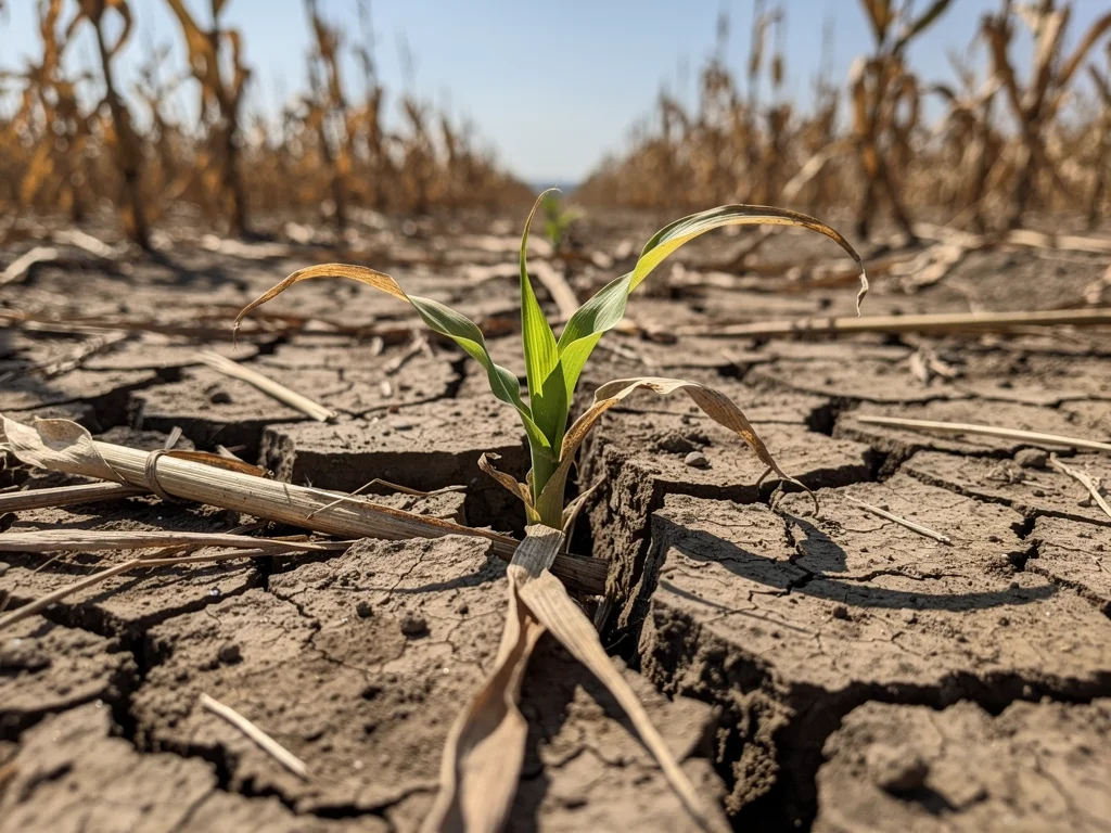 Drought-stricken cornfield showing cracked earth and resilient green shoots.