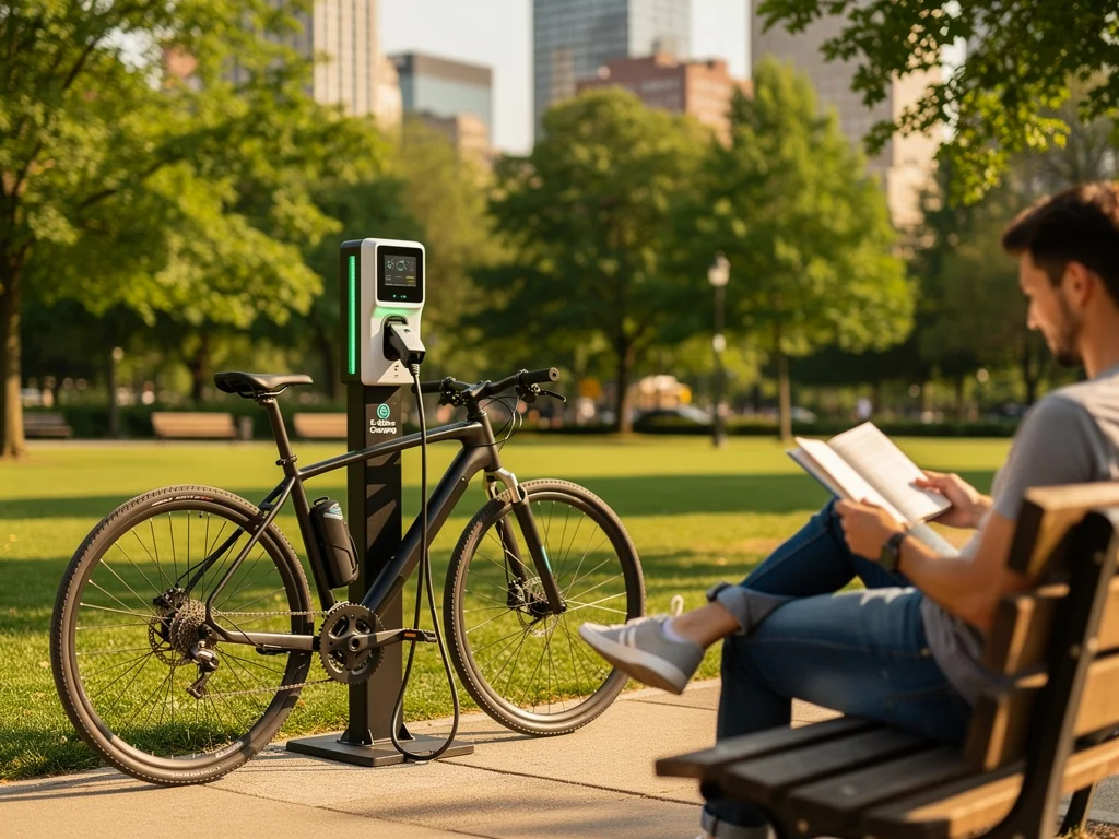 Electric bike charging at an urban public station.