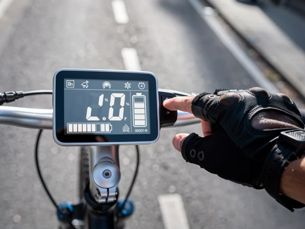 Electric bike digital display showing key performance metrics.