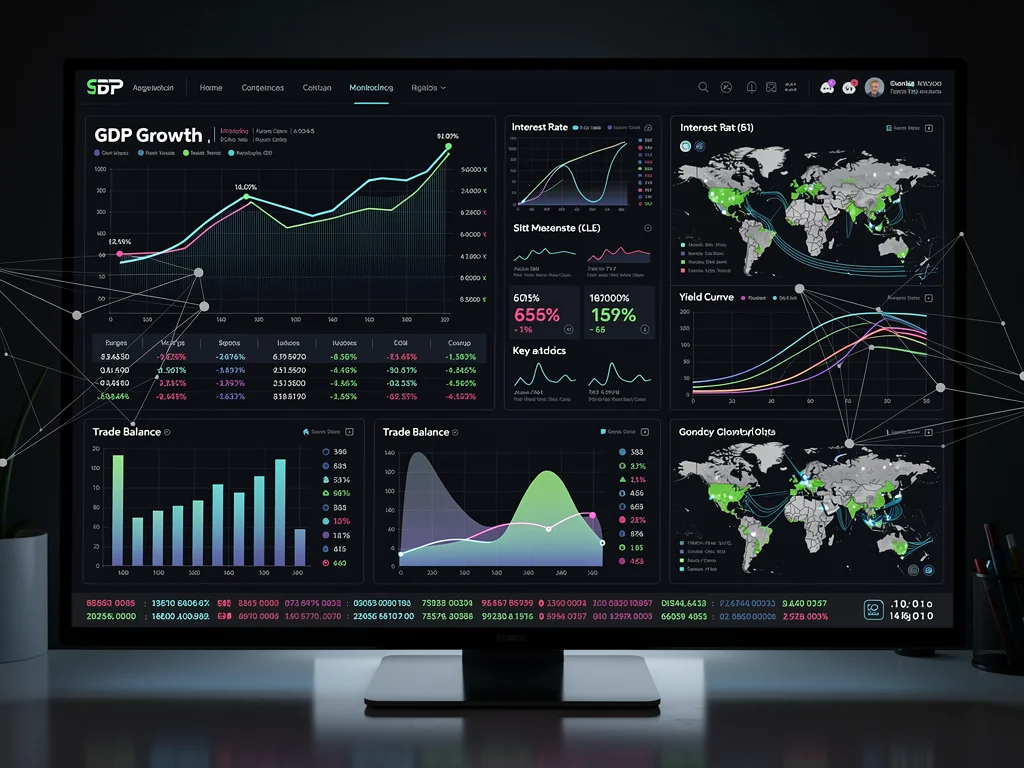 Economic dashboard with GDP, interest rates, and trade balance data