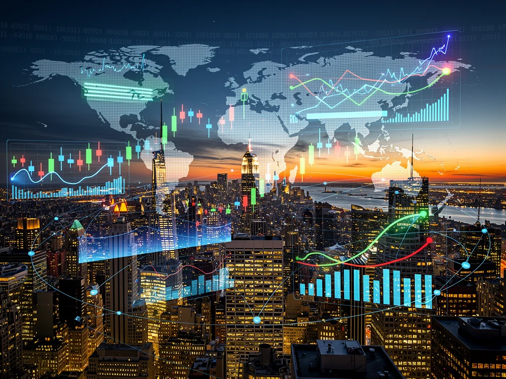 Digital economic graphs overlaying a cityscape, representing global market trends and automation's economic influence.