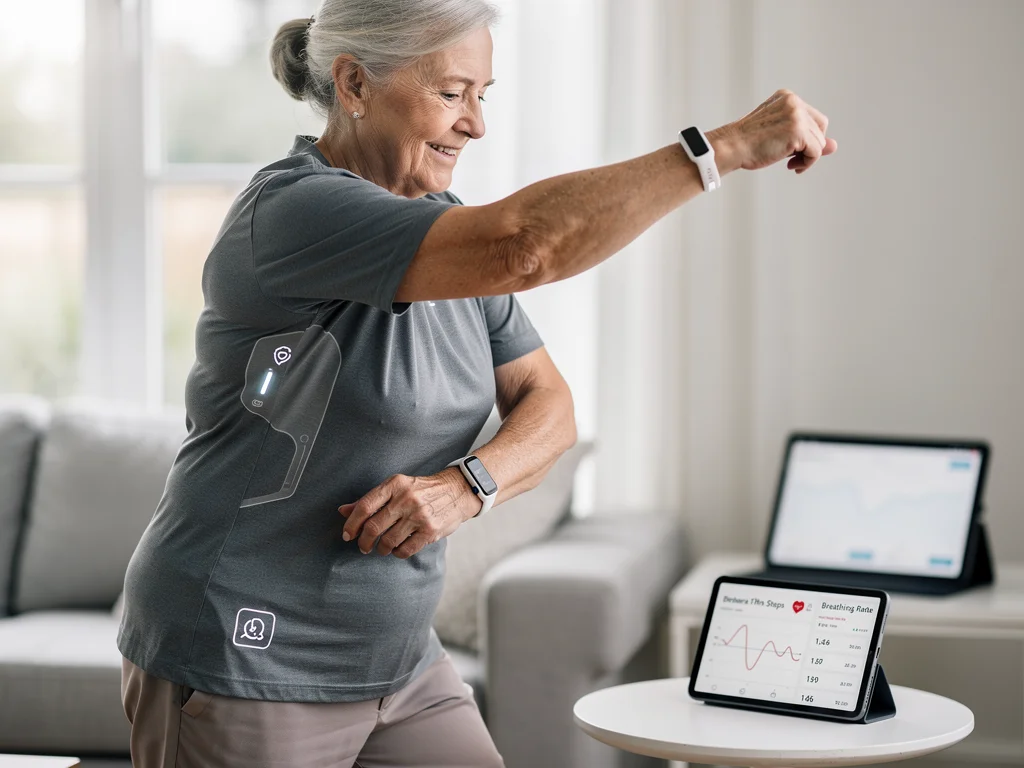 Elderly person exercising with biometric health monitoring clothes