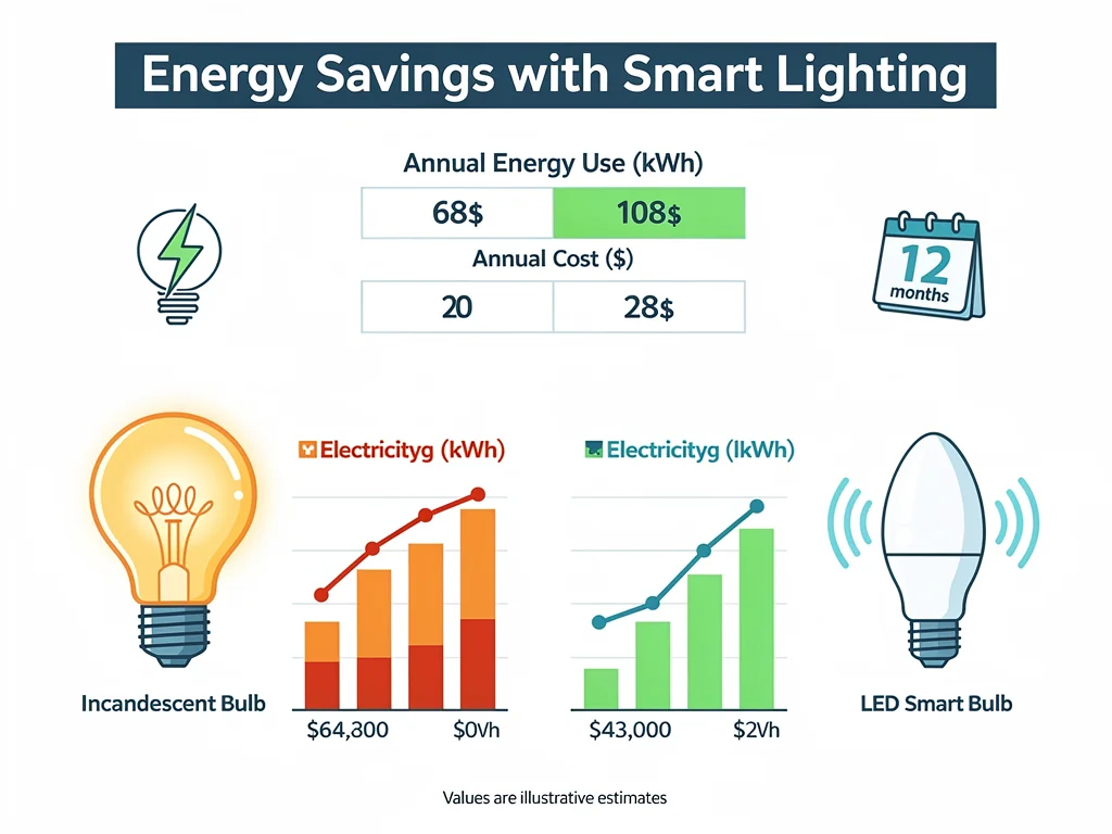 Infographic demonstrating significant energy savings with smart LED lighting compared to traditional bulbs.