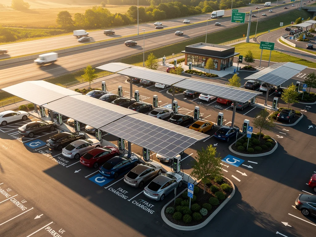 Aerial view of large EV charging hub near highway