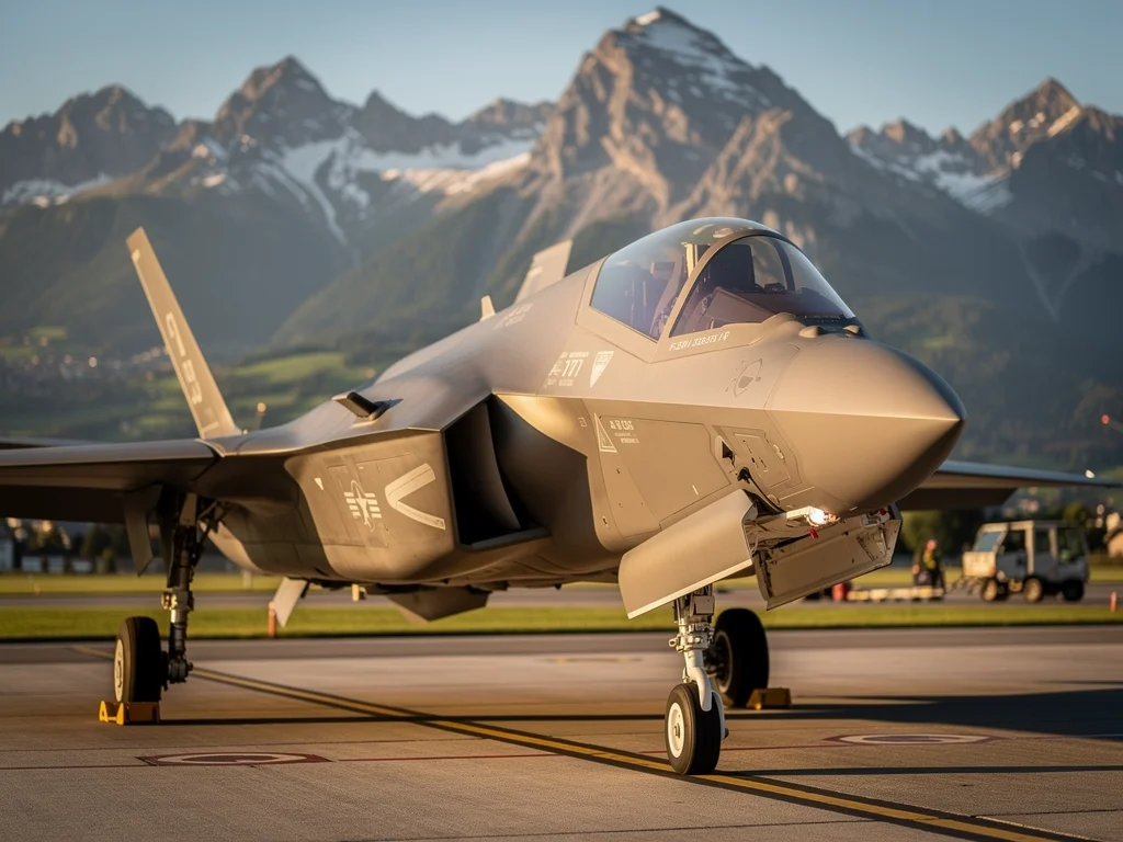 U.S. F-35 fighter jet on European airfield, advanced defense.