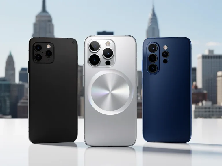 Three flagship smartphones showcasing their advanced camera systems in a comparative setup.