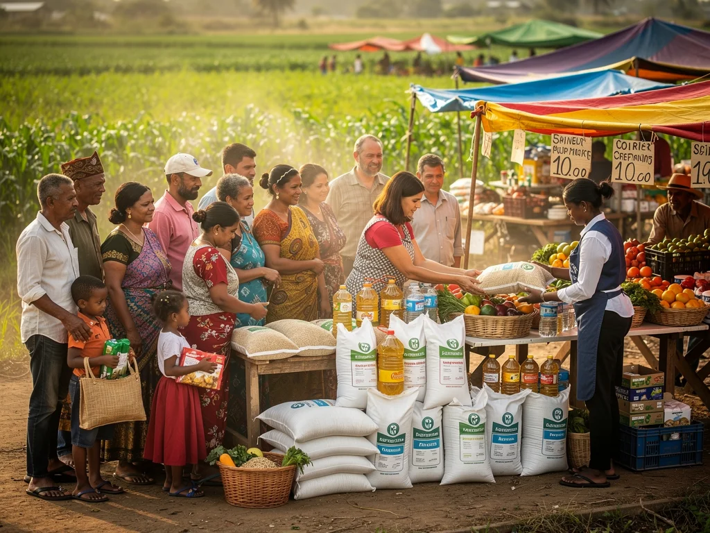 Diverse community receiving food, symbolizing impact of U.S. food aid and exports.