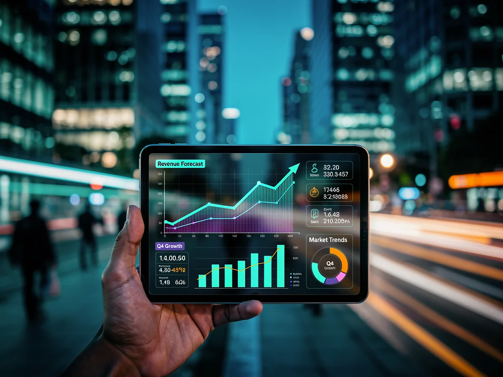 Digital tablet showing economic projections, symbolizing future economic strategies and technological impact.