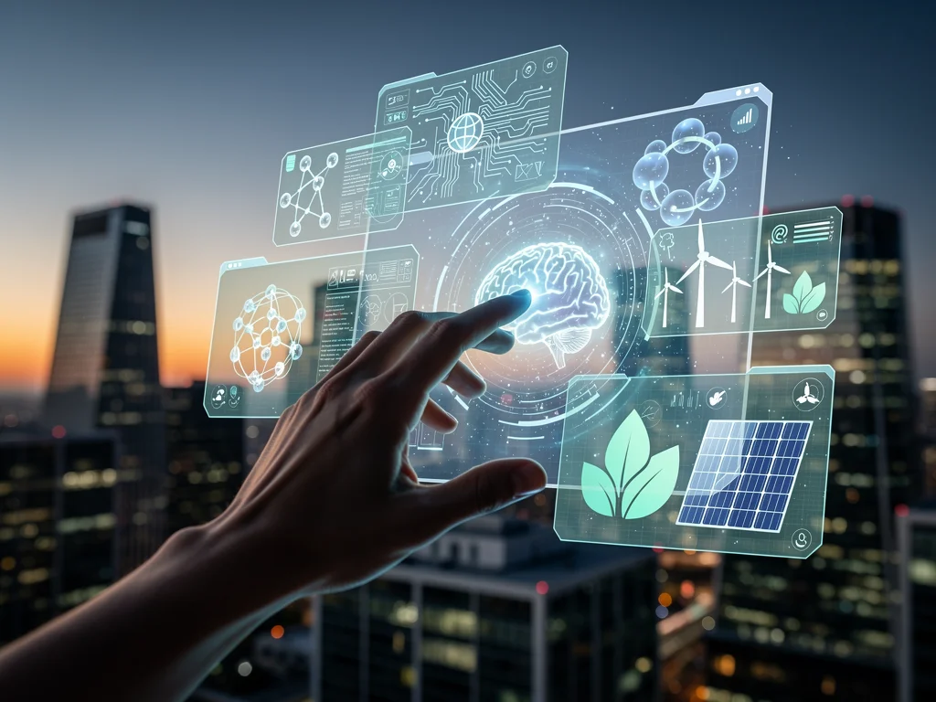 Hand interacting with holographic display of future technology innovations