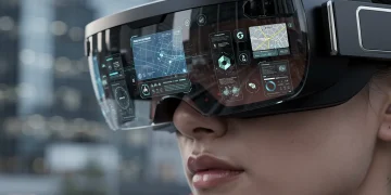 Futuristic augmented reality glasses displaying digital overlay in a modern urban setting