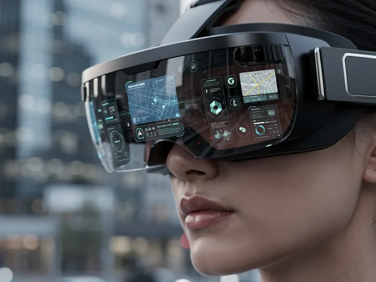 Futuristic augmented reality glasses displaying digital overlay in a modern urban setting
