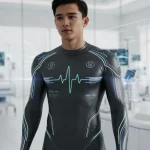 Biometric Apparel: 2026 Health-Monitoring Clothes in the US Futuristic biometric apparel monitoring health in a modern setting