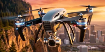 Futuristic drone flying over a vibrant U.S. landscape capturing high-quality footage