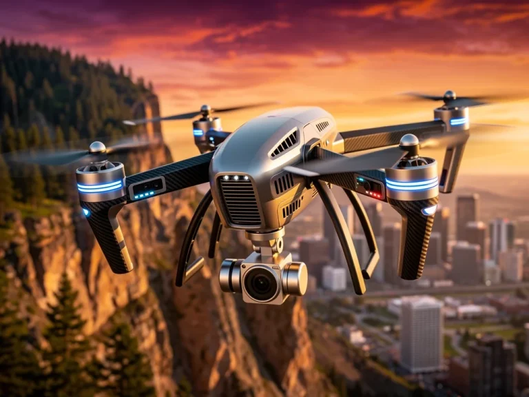Futuristic drone flying over a vibrant U.S. landscape capturing high-quality footage