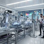 2026 Global Automation Trends: Impact on U.S. Labor Markets Robotic arms in a futuristic factory alongside human technicians, demonstrating automation's impact on the U.S. labor market in 2026.