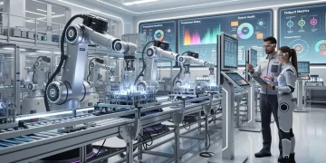Robotic arms in a futuristic factory alongside human technicians, demonstrating automation's impact on the U.S. labor market in 2026.