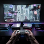 Gaming Console Performance Review: 6-Month Test for U.S. Gamers Futuristic gaming console setup with glowing lights and immersive game on screen.