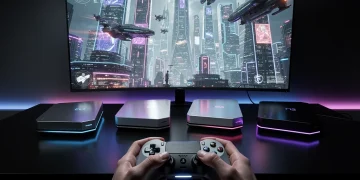 Futuristic gaming console setup with glowing lights and immersive game on screen.