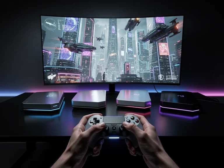 Futuristic gaming console setup with glowing lights and immersive game on screen.