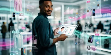 Futuristic shopping experience with hyper-personalized AI integration for US consumers in 2026.