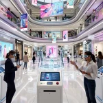 Retail Spaces 2029: 5 Innovations Transforming US Shopping Futuristic retail environment with digital displays and interactive shopping