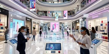 Futuristic retail environment with digital displays and interactive shopping