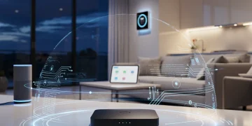 Futuristic smart home with secure router protecting connected devices