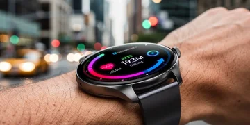 Futuristic smartwatch displaying fitness data and notifications on a wrist in an urban setting.