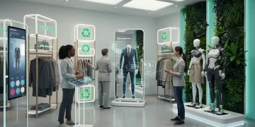 Futuristic retail space showcasing sustainable apparel and digital shopping experiences