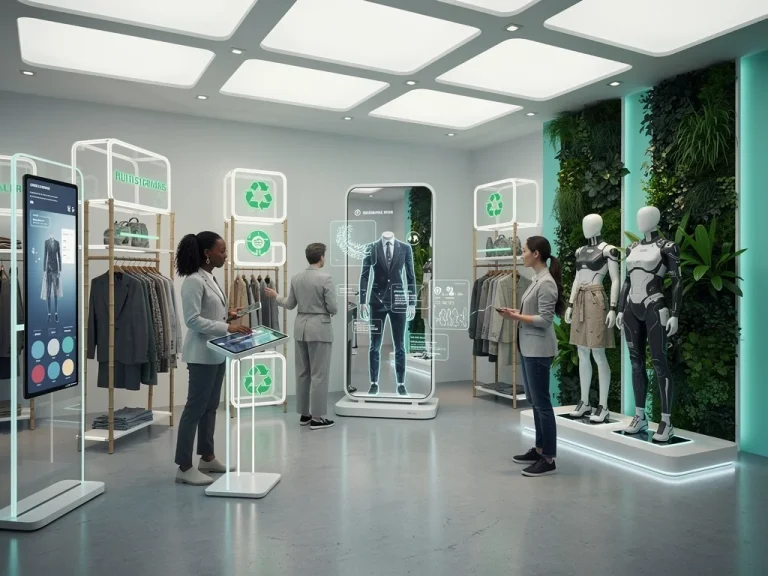 Futuristic retail space showcasing sustainable apparel and digital shopping experiences