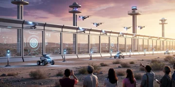 Futuristic U.S.-Mexico border with advanced security and drones in 2026