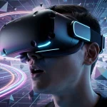 Futuristic VR headset worn by user in immersive digital environment